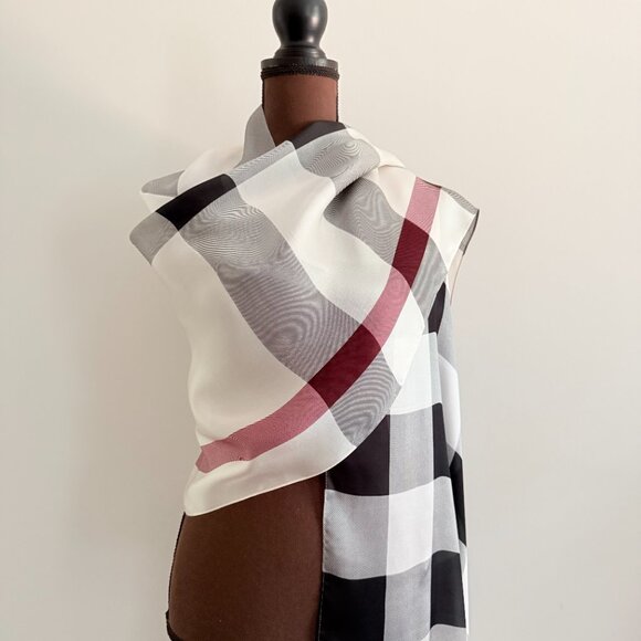 Burberry Check Print Ivory Silk Satin Scarf - Picture 12 of 16